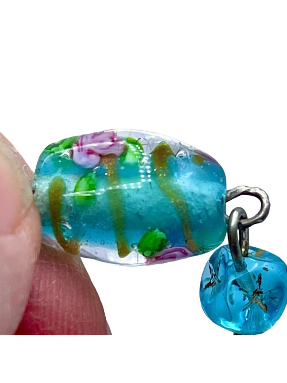 Handmade Glass Bead Lavalier Necklace Teal Gold Pink Rose Sterling Vintage 1950s - Picture 5 of 13